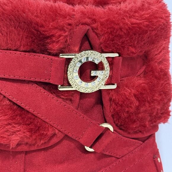 G by GUESS GALLIO RED FAUX FUR SLIP ON ANKLE BOOTS BOOTIE Women’s Size 5.5M - Picture 11 of 16